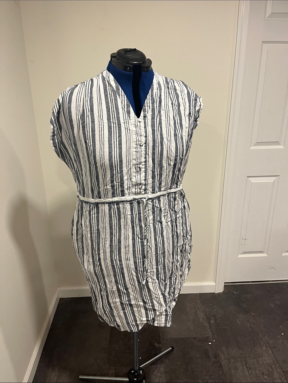 Time and Tru Blue & White Striped Tie-Waist Midi Dress